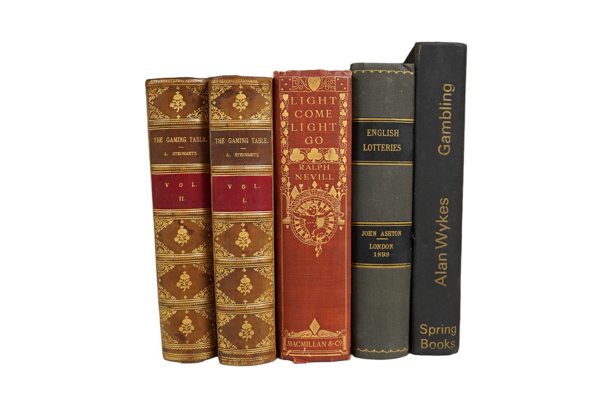 Steinmetz, Andrew, The Gaming Table: its votaries and victims ... 2 vols. contemp. half calf and marbled boards, gilt decorated panelled spines and marbled e/ps., med. 8vo. 1870; Nevill, Ralph - Light Come, Light Go: gam